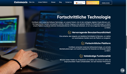 Homepage von Coinmaxis und der Abschnitt über fortschrittliche Technologie