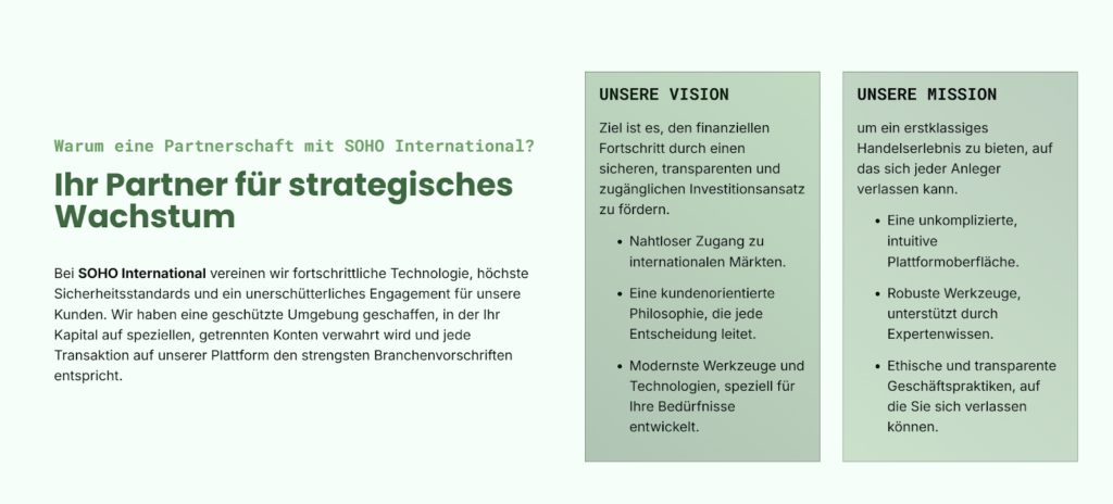 Screenshot des About-Us-Abschnitts von Soho International mit Vision und Mission
Quelle: Über uns – Soho International